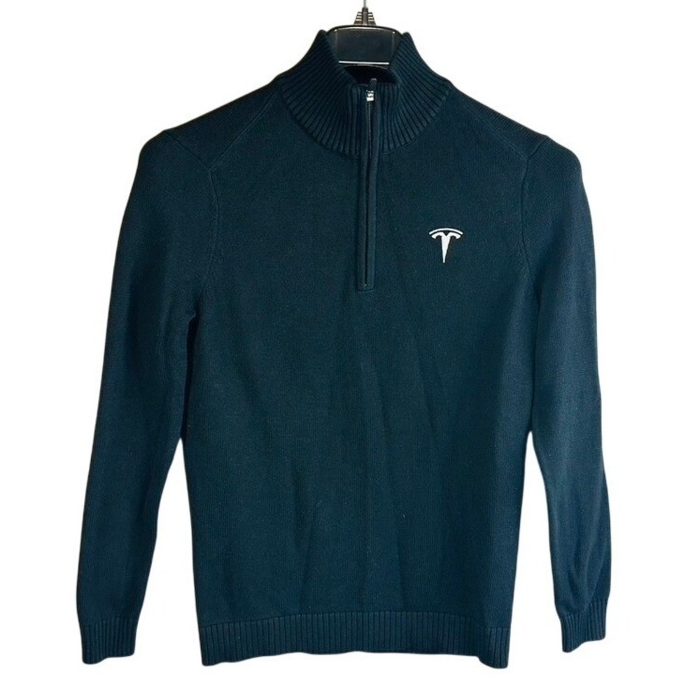 Tesla Mens 1/4 Zip Sweater XS Black Cotton Blend LS Pullover Embroidered Logo